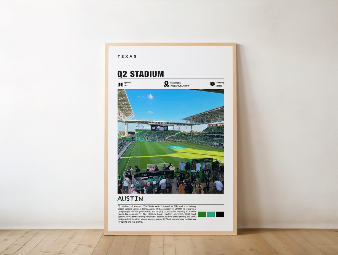 Q2 Stadium Austin Soccer Venue Poster With Green Seats On Match Day