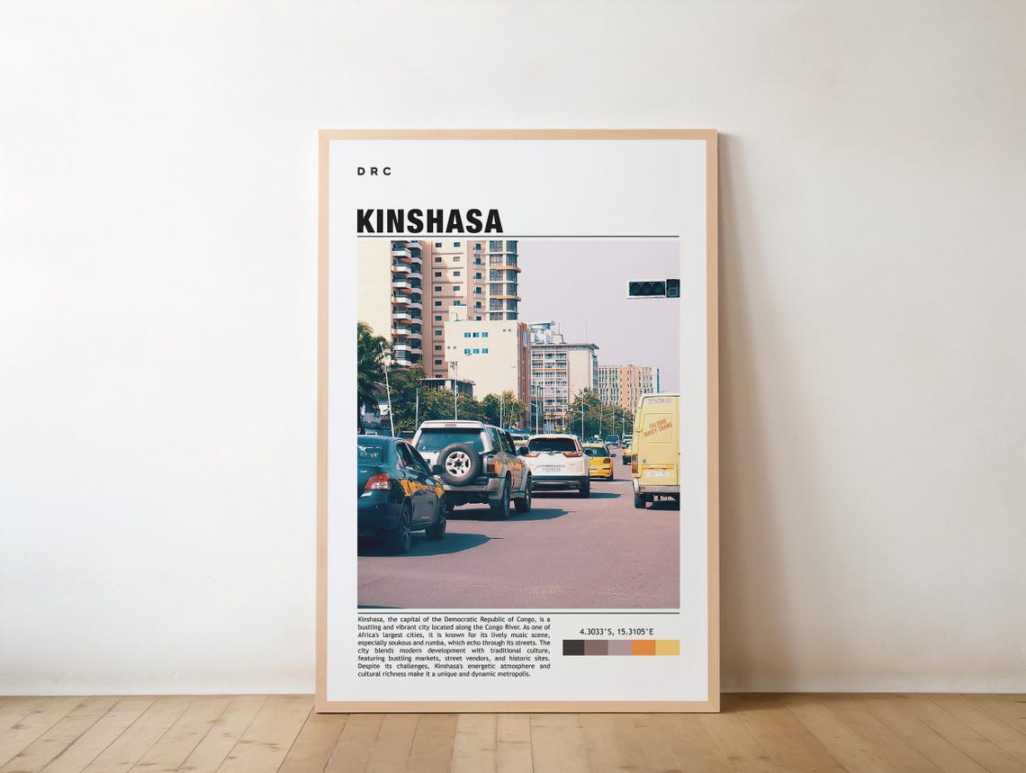 Kinshasa DRC Travel Poster with Bustling City Street and High Rises