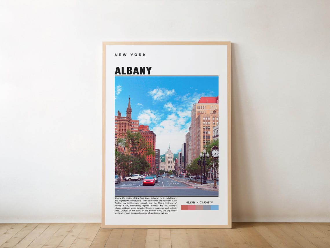 Albany New York Historic Downtown Street with Clock Travel Poster
