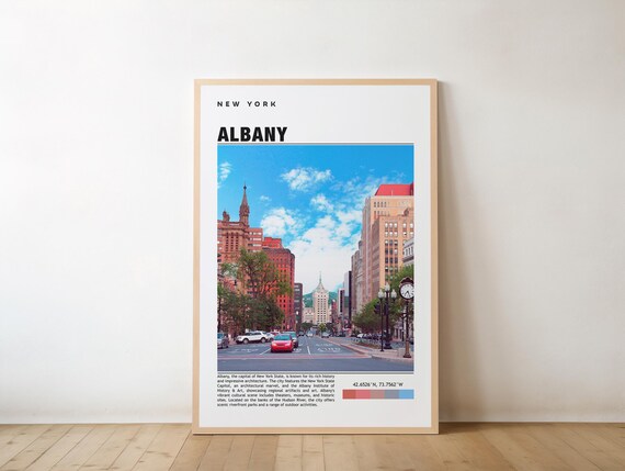 Albany New York Historic Downtown Street with Clock Travel Poster