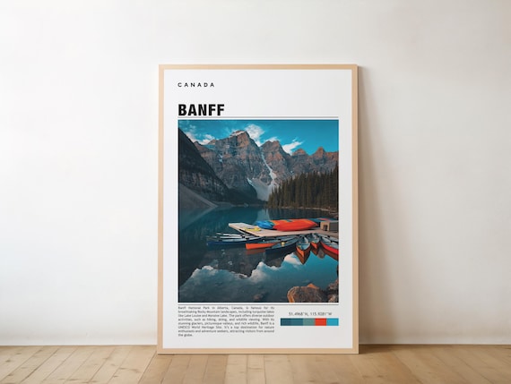 Banff Moraine Lake Colorful Canoes Mountain Reflection Travel Poster