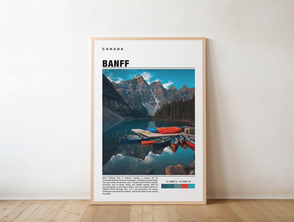 Banff Moraine Lake Colorful Canoes Mountain Reflection Travel Poster