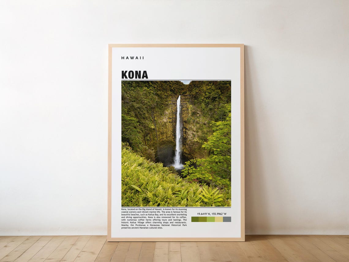 Kona Hawaii Travel Poster with a Lush Tropical Waterfall Gorge View