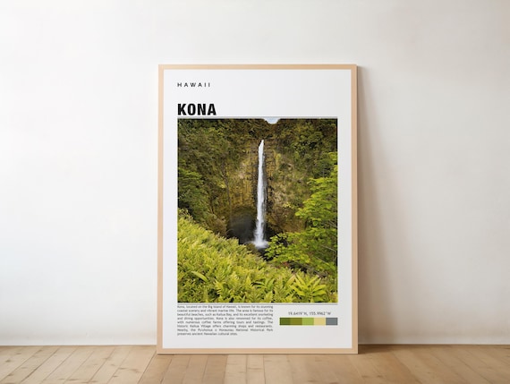 Kona Hawaii Travel Poster with a Lush Tropical Waterfall Gorge View