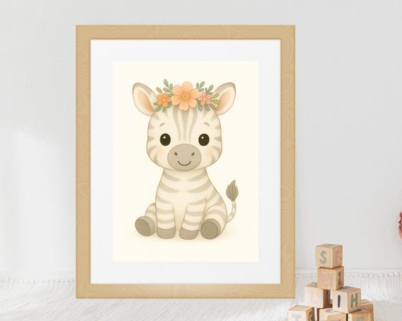 Safari Nursery Zebra Wall Art Floral Crown Print Jungle Animal Poster For Kids Room Decor Instant