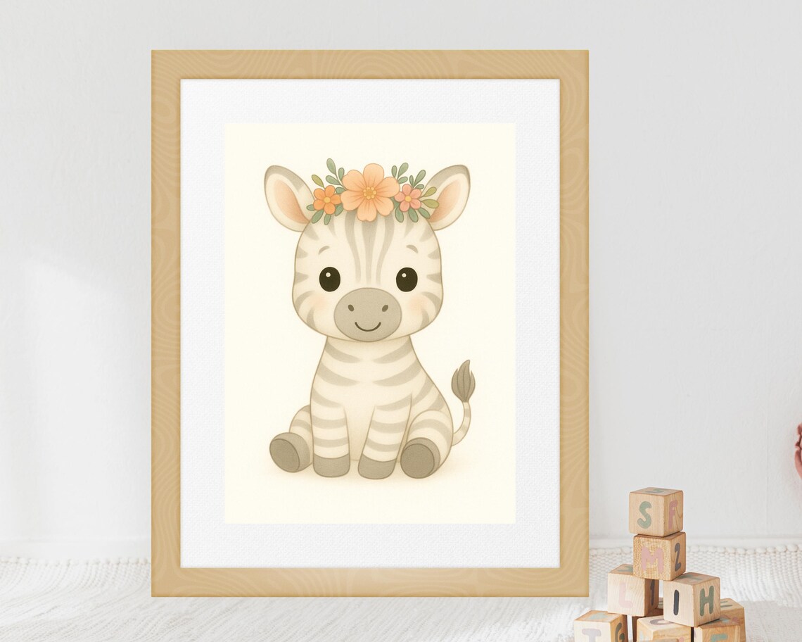 Baby Zebra With Floral Crown Cute Safari Nursery Kids Room Wall Poster