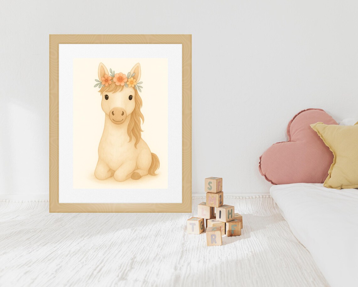 White Horse With Floral Crown, Nursery Art Print