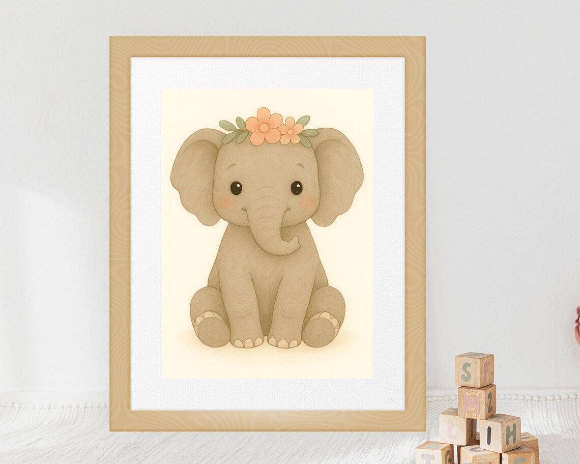 Safari Elephant Nursery Decor, Baby Girl Room Art Print
