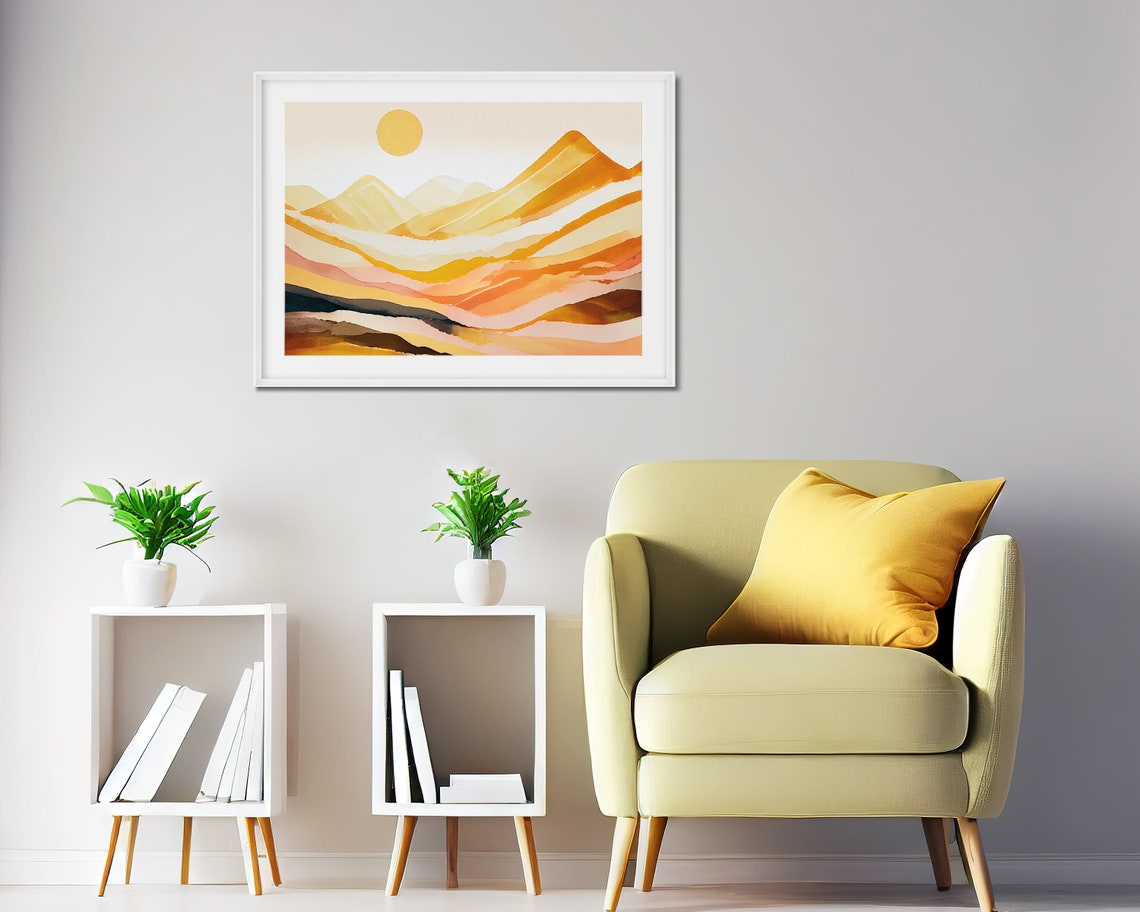 Golden Sun Abstract Terraced Mountain Landscape Watercolor Poster - Image 2