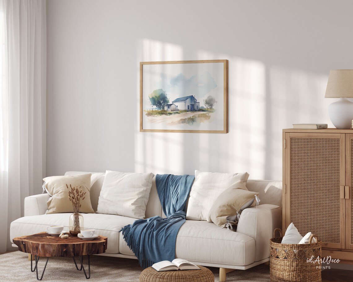 Watercolor Blue Barn Farm Buildings Rural Countryside Scene Poster - Image 3