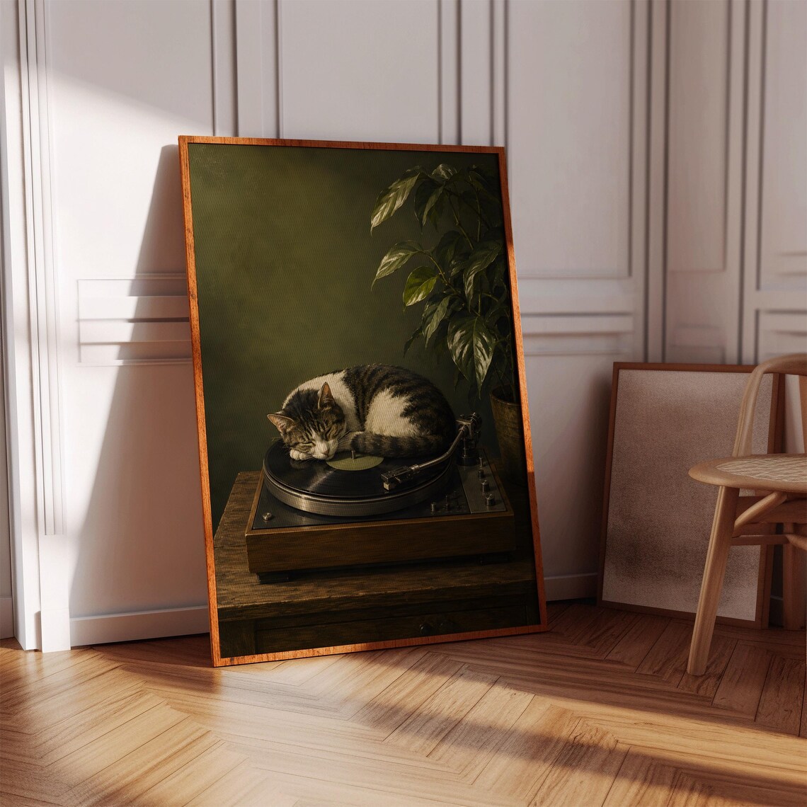 Cat Sleeping On Record Player Poster Retro Vinyl Cozy Dark Mood Cat Art