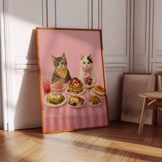 Cat Poster Kittens Having Brunch Pink Kitchen Decor Wall Art