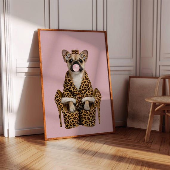 French Bulldog Poster Funny Leopard Robe Frenchie Pink Bubblegum Decor Trendy Eclectic Wall Art