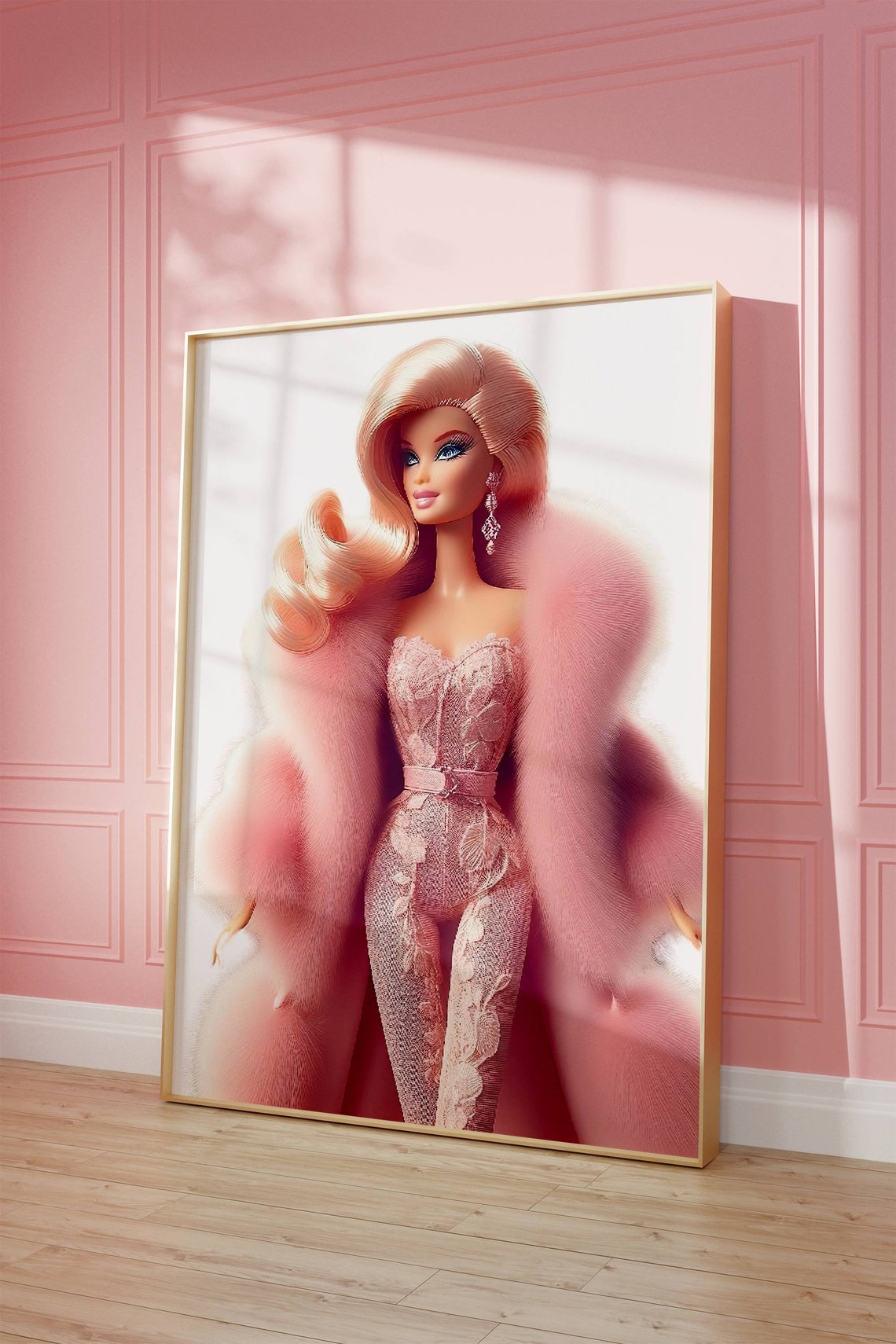 Glamorous Blonde Doll Pink Lace Gown Fur Stole Fashion Art Poster