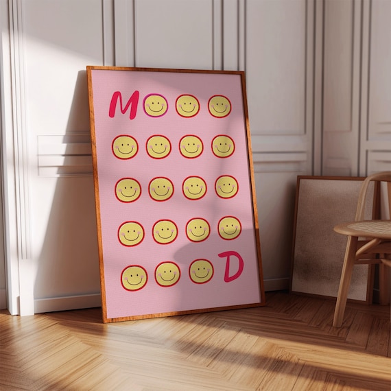 Mood Smiley Faces Grid Pink Retro Happy Typography Feel Good Poster