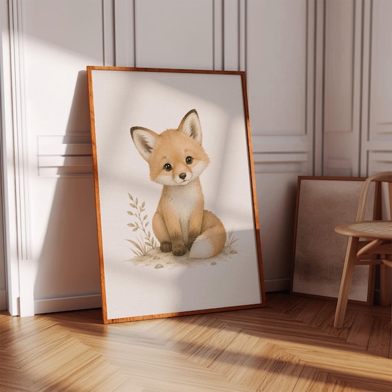 Adorable Baby Fox Cub Watercolor Soft Woodland Nursery Art Poster