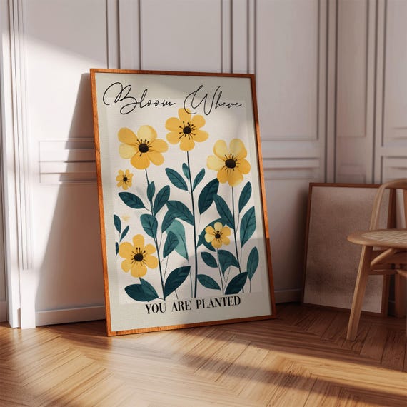 Yellow Flowers Wall Art Retro Floral Print With Quote Instant Download