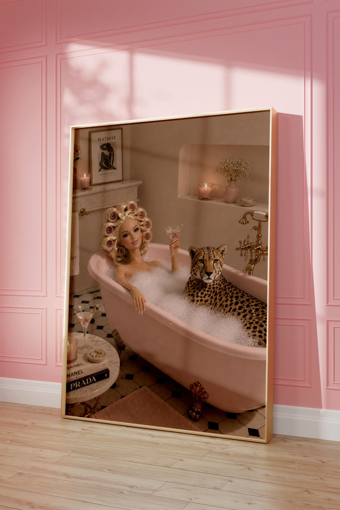 Fashion Doll Bubble Bath Cocktail Leopard Pink Glam Art Poster