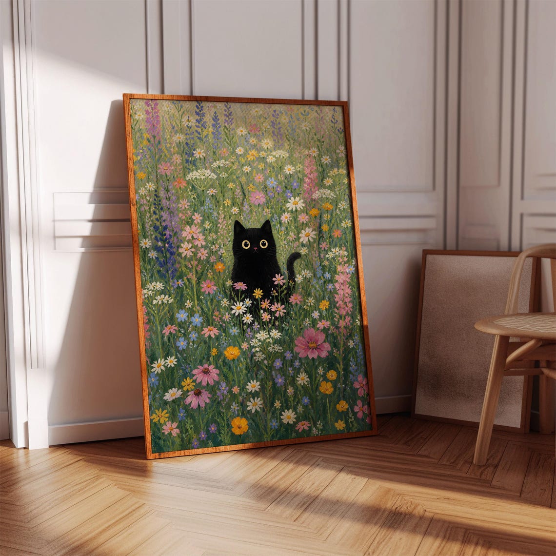 Cat In Wildflower Field Print Green Home Decor Floral Wall Art Lover Gift