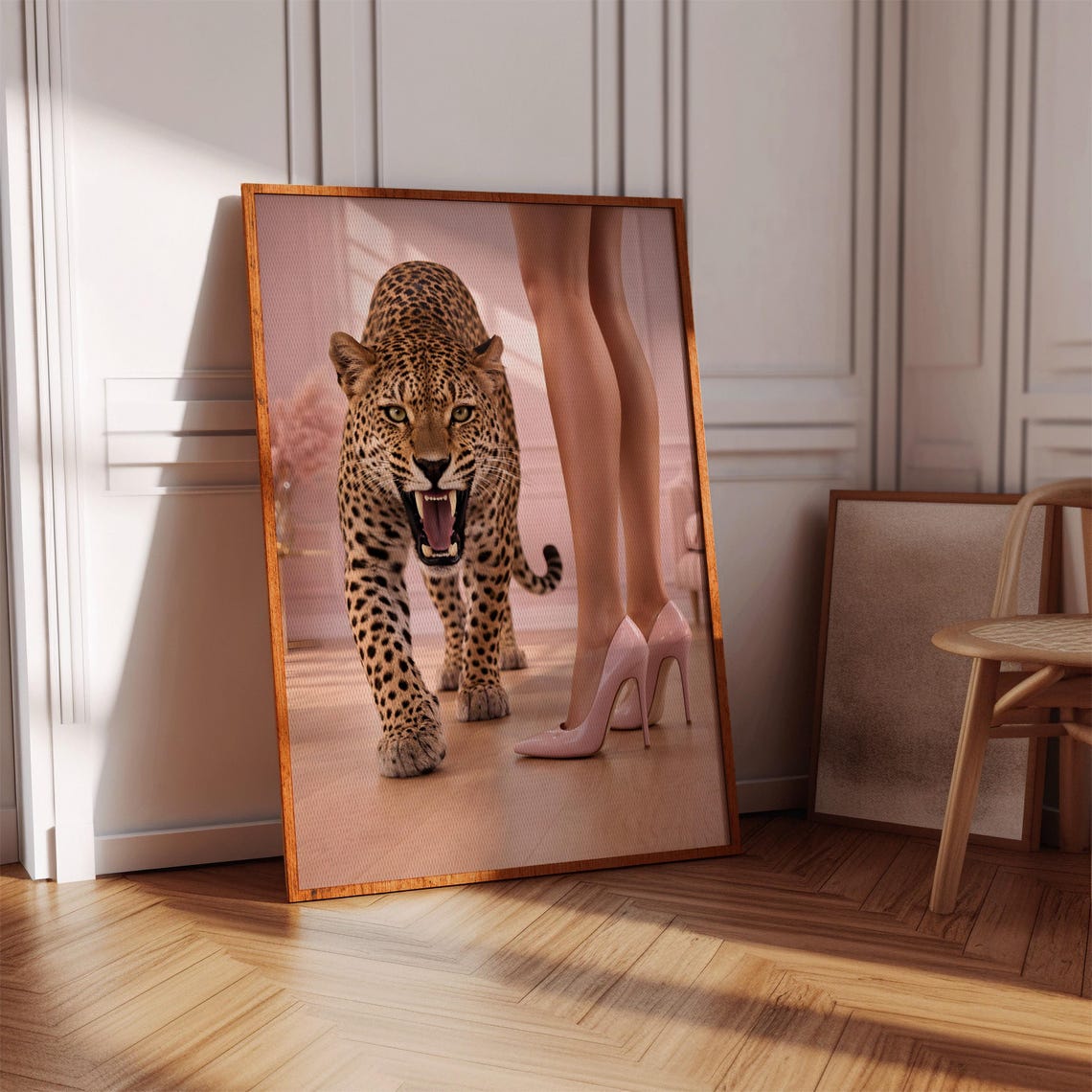 Pink Glam Fashion Woman Legs Pink Heels Roaring Leopard Poster