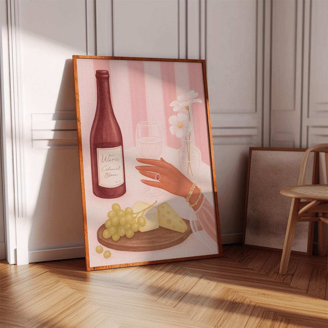 Wine And Cheese Poster Pink Kitchen Wall Art Digital Download