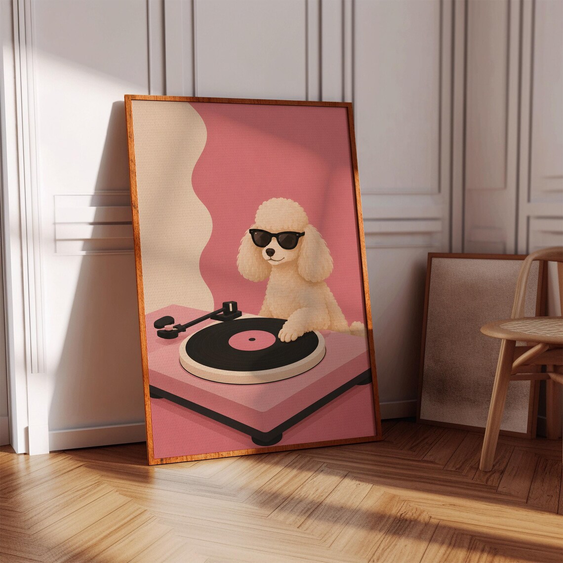 Poodle DJ Playing Vinyl Record, Retro Poster
