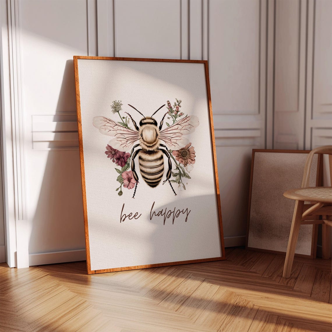 Bee Happy Honeybee Botanical Wildflower Quote Vintage Poster