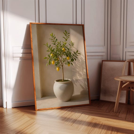 Potted Lemon Tree Wall Art Mediterranean Citrus Poster Quiet Luxury Decor Digital Print