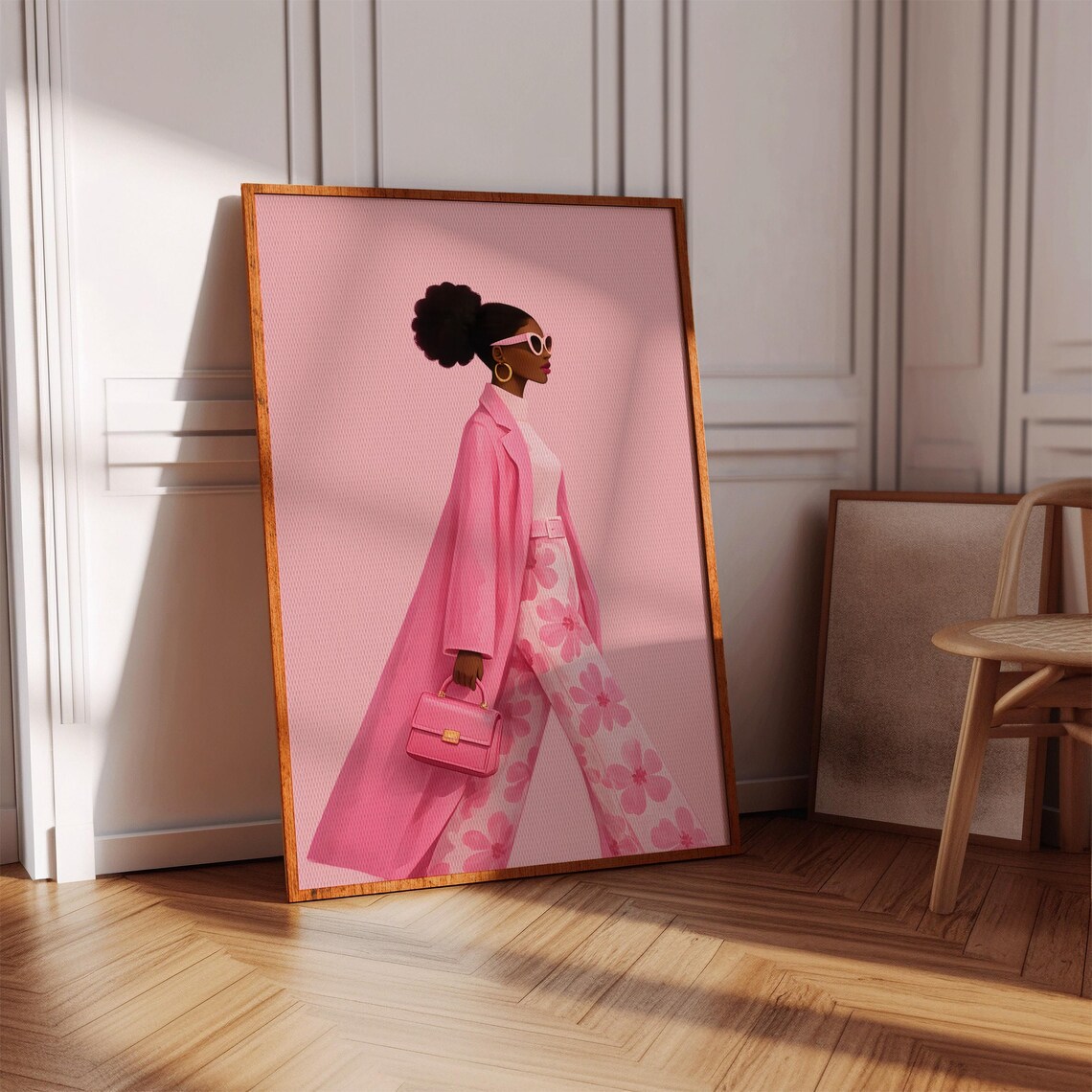 Chic Black Woman Pink Fashion Illustration Modern Girl Boss Room Decor Poster