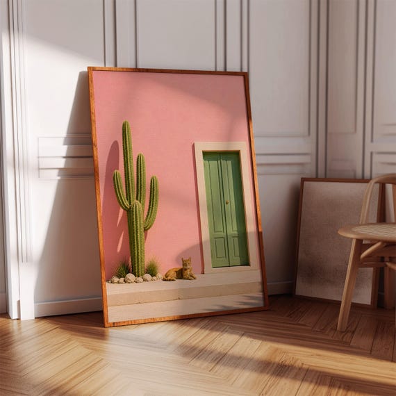 Desert Cat Wall Art Pink Moroccan Style Poster Saguaro Cactus Print Minimalist Boho Decor