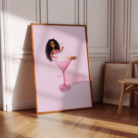 Funny Fashion Doll Martini Glass Print Pink Cocktail Wall Art Girly Bar Decor Poster