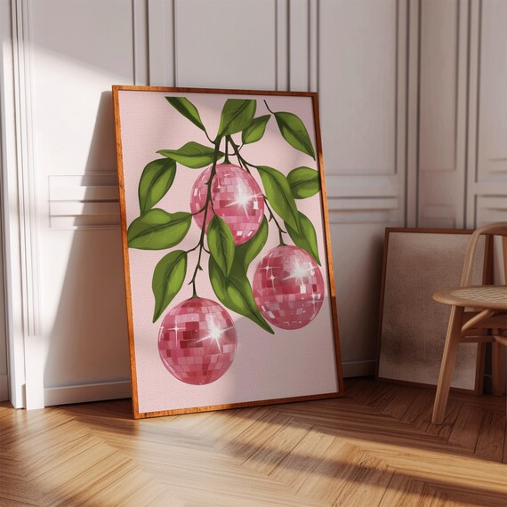 Pink Disco Ball Cherries Branch Funky Retro Party Art Poster