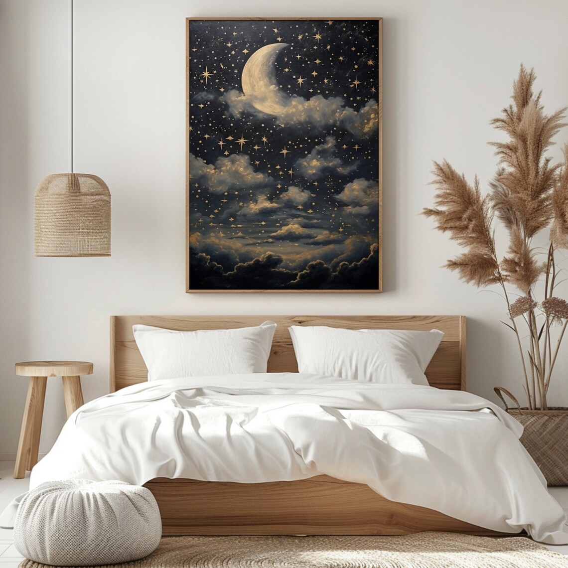 Crescent Moon Starry Night Sky Vintage Painting Midnight Moon Wall Art Evening Sky Print Celestial Artwork Dark Academia Decor - Image 4