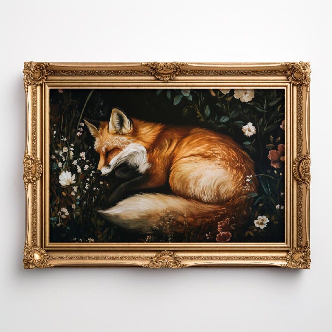 Sleeping Fox, Moody Botanical Dark Academia Art Print