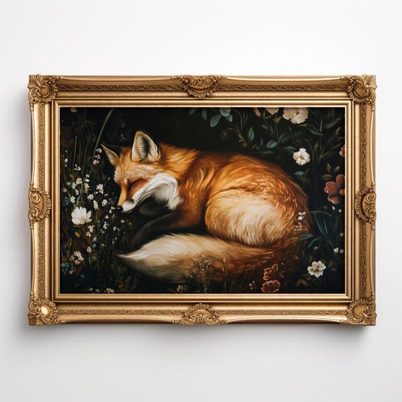 Sleeping Fox, Moody Botanical Dark Academia Art Print