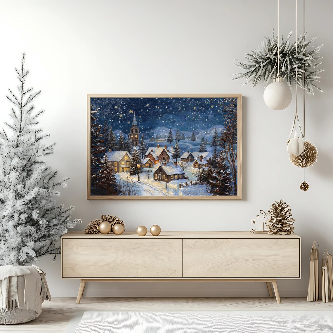 Cozy Snowy Christmas Village At Night Vintage Holiday Town Art Poster