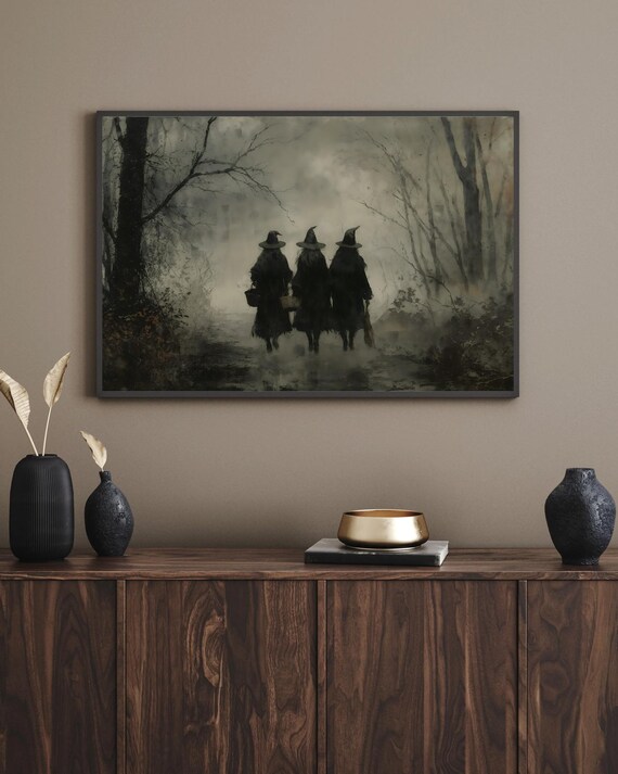 Haunting Witch Trio Vintage Gothic Halloween Wall Art Spooky Decor Dark Forest Witchcraft Artwork Poster