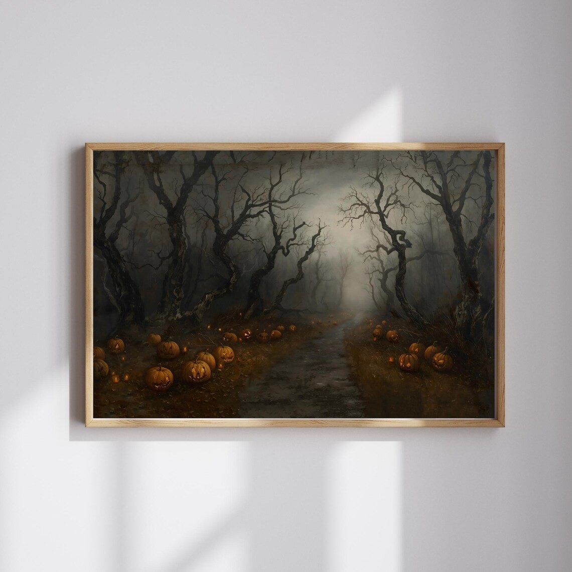 Haunted Pumpkin Path Wall Art Vintage Halloween Spooky Forest Print Gothic Dark Dcor Patch