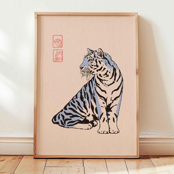 Blue Gray Sitting Tiger Japanese Vintage Woodblock Style Poster