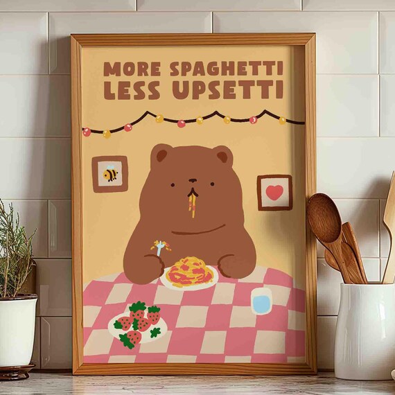 Bear Eating Spaghetti Poster More Less Upsetti Retro Diner Pasta Foodie Art Print Italian Kitchen Trendy