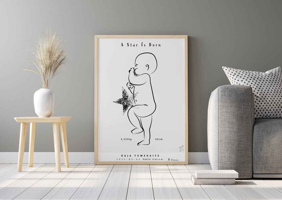 Personalized Birth Print, Scandi Nursery Star Art