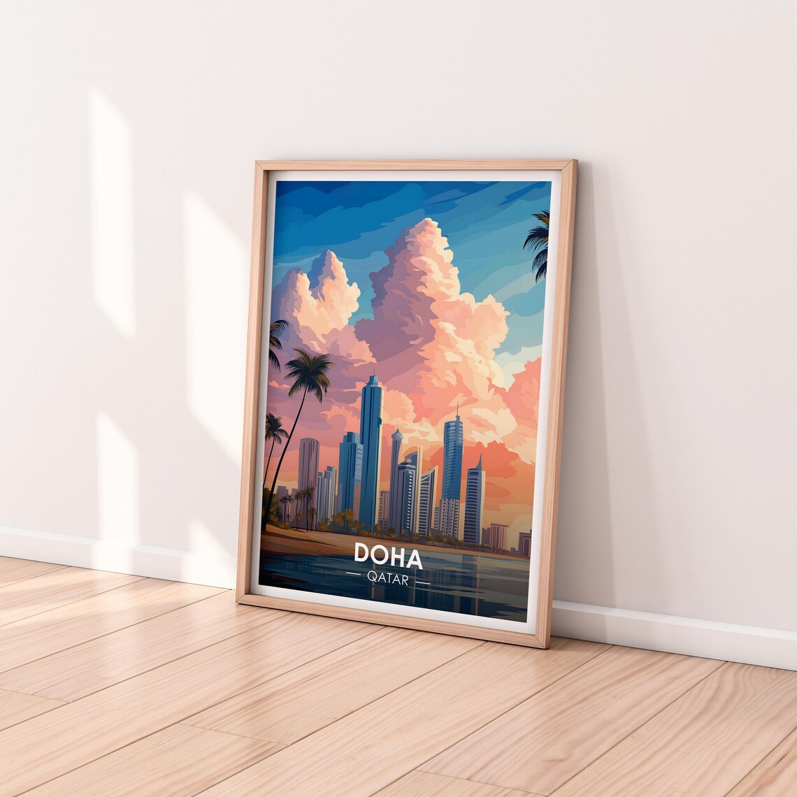 Doha Qatar Golden Sunset Skyline Palm Trees Travel Art Poster - Image 2
