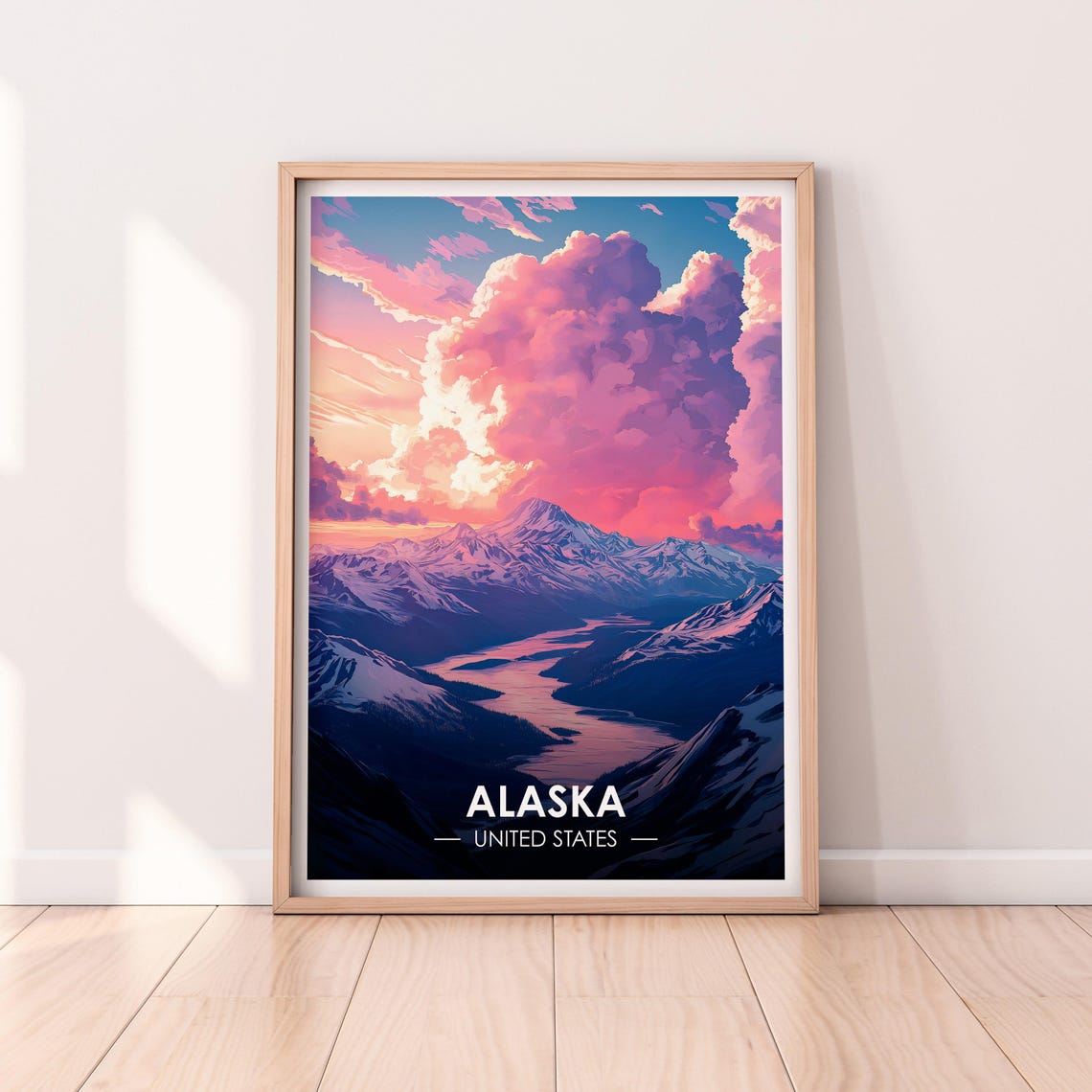 Alaska Snowy Mountain Valley Sunset Pink Clouds Travel Poster