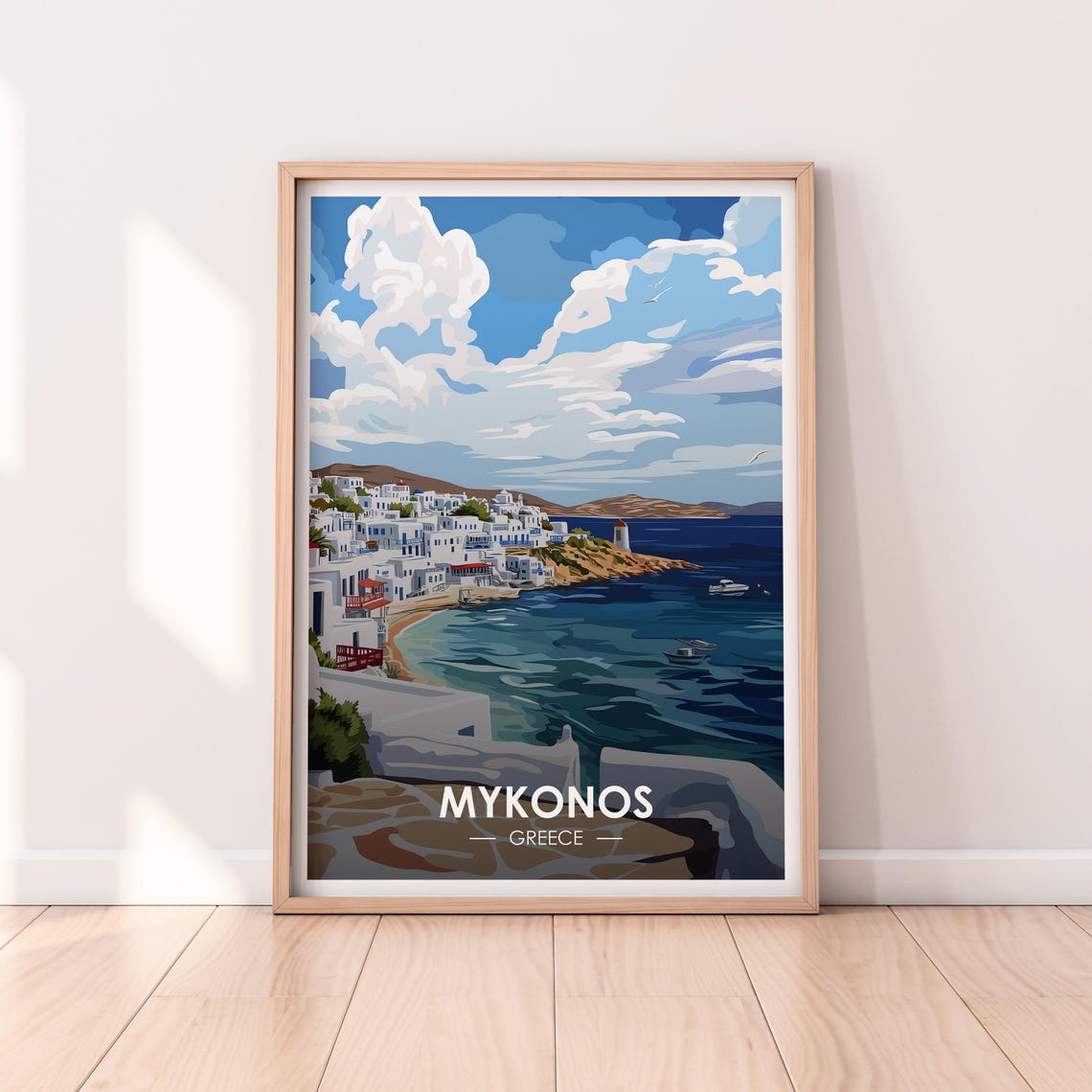 Mykonos Greece Whitewashed Town Windmill Aegean Coast Travel Poster
