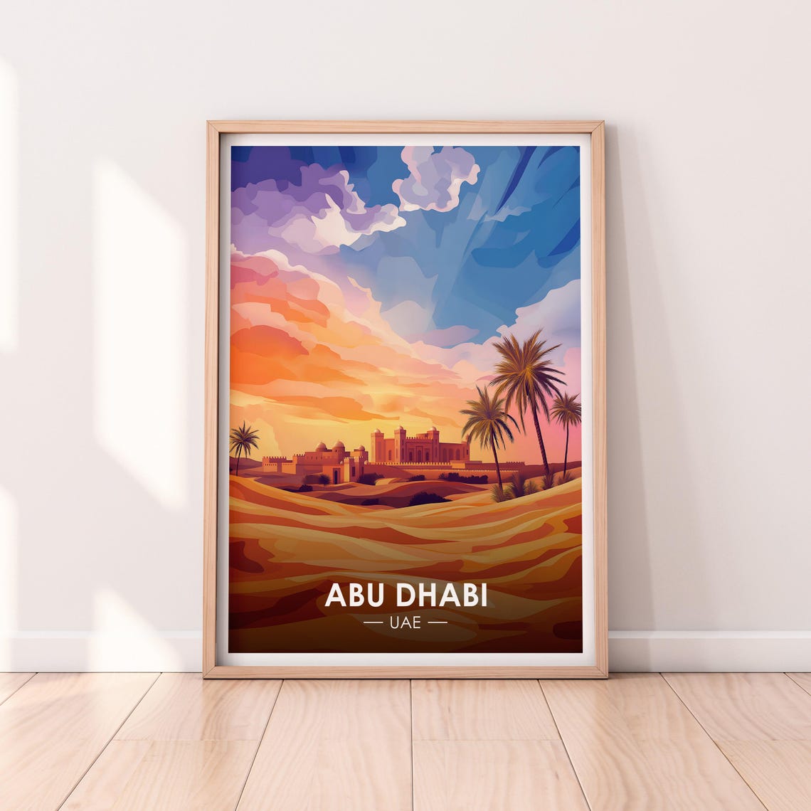 Abu Dhabi UAE Desert Fort Sunset Dunes Vintage Travel Poster
