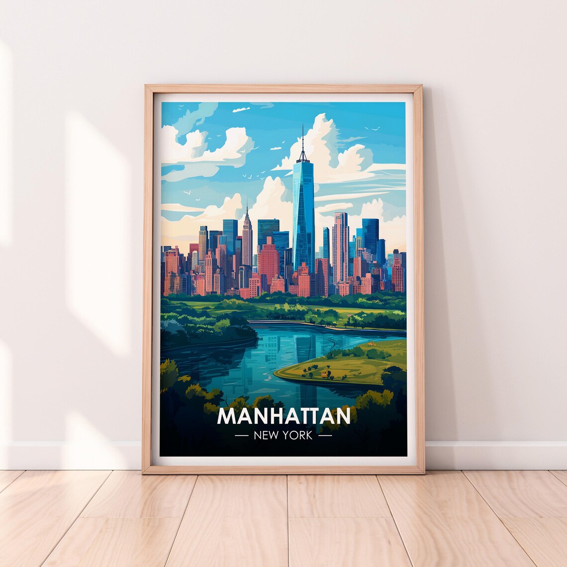 Manhattan New York Skyline Blue Skies Harbor Vintage Travel Poster