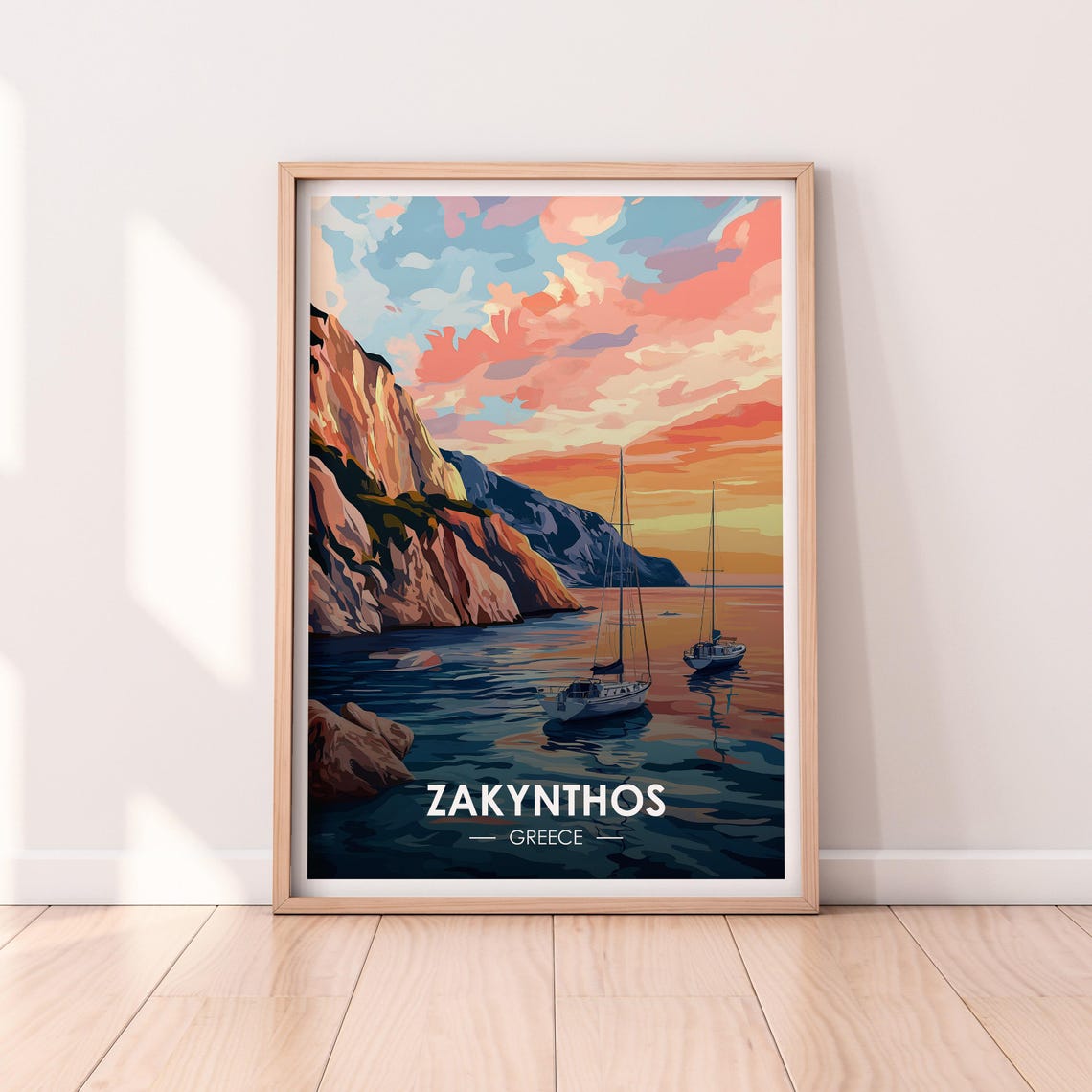 Zakynthos Greece Golden Sunset Sailboats Rocky Cliffs Travel Poster