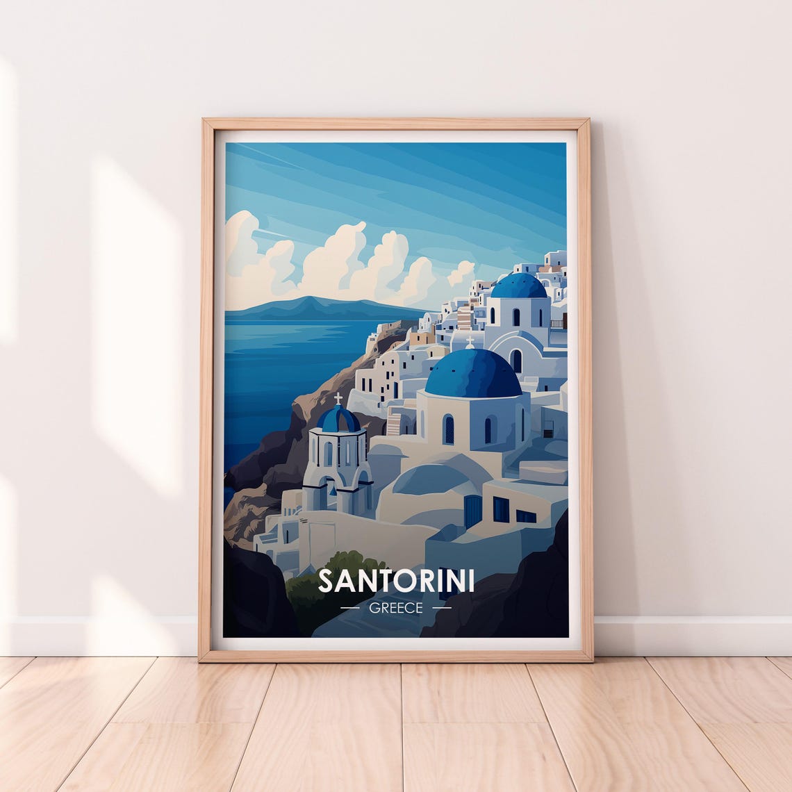 Santorini Greece Oia Blue Domed Churches Caldera Vintage Travel Poster