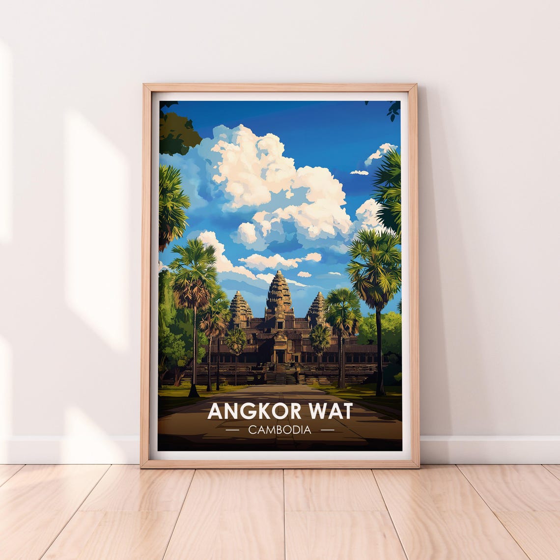 Angkor Wat Cambodia Temple Palm Trees Blue Sky Front View Poster