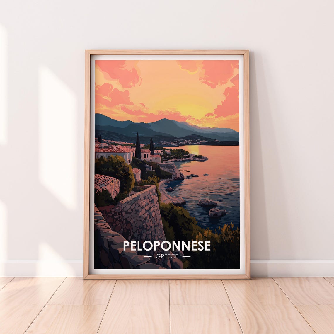 Peloponnese Greece Golden Sunset Coast Rocky Shore Travel Poster